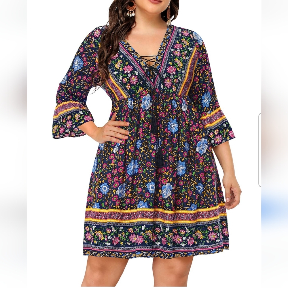 Pinup Fashion Boho, Floral. Tassle Flowy Dress